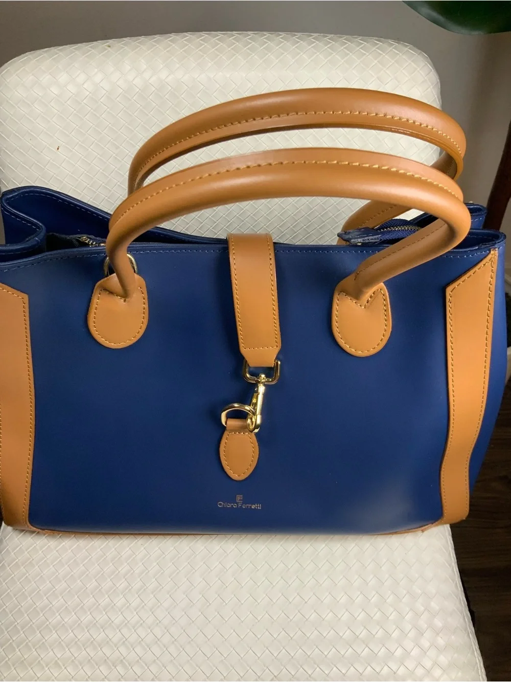 Chiara Ferretti Navy and Tan Leather Tote with Gold Hardware